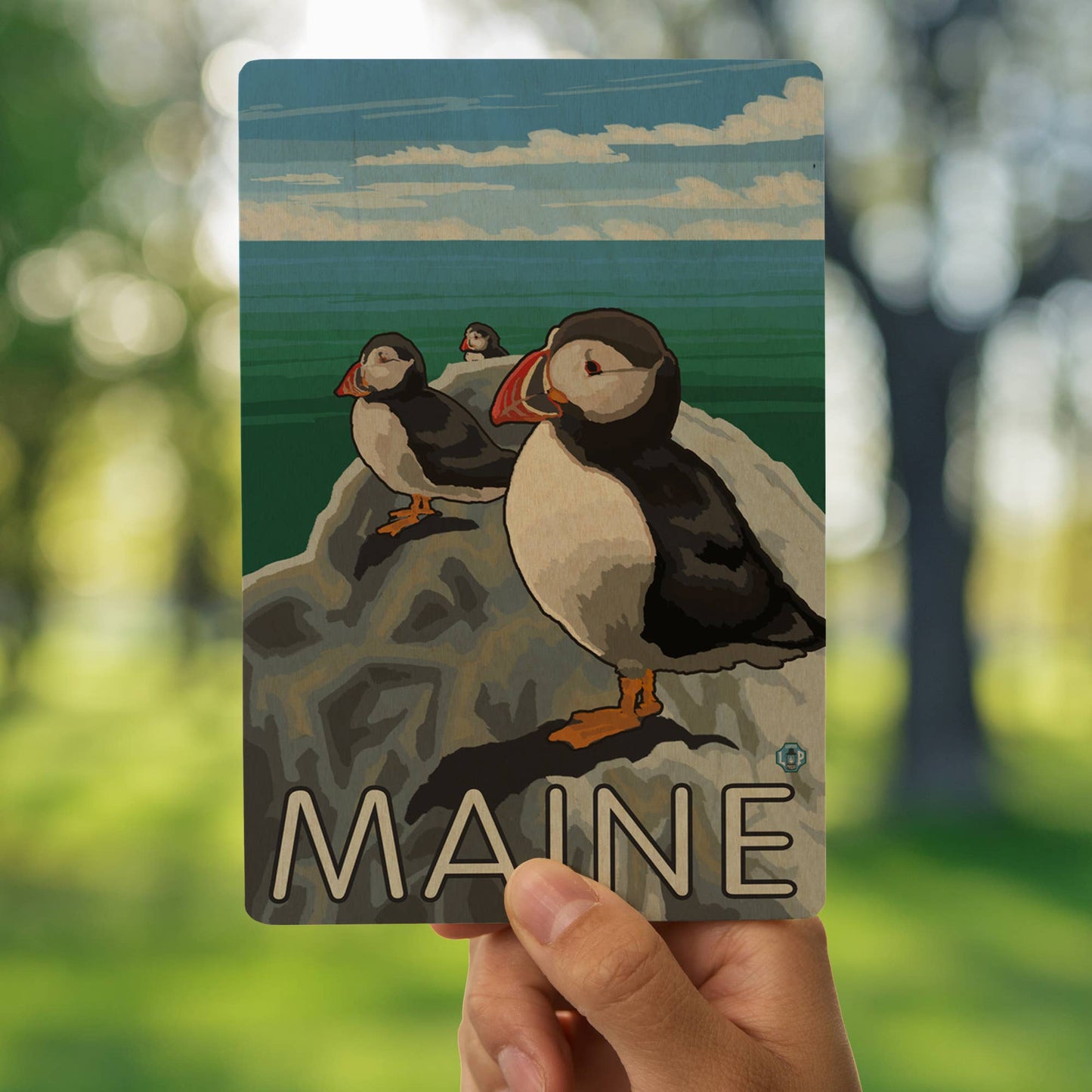 Maine Puffins WOOD POSTCARD