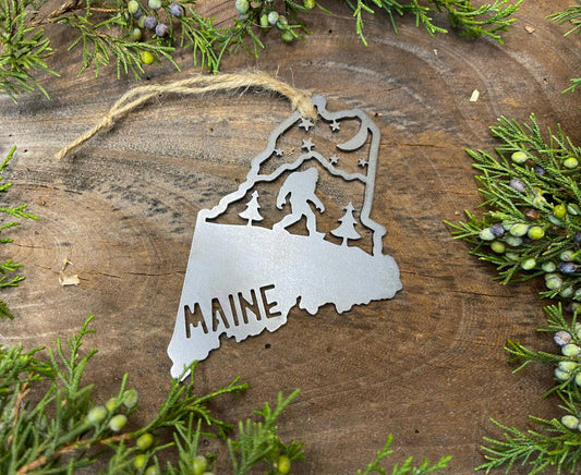Maine State YETI BIGFOOT SASQUATCH Raw Steel Ornament