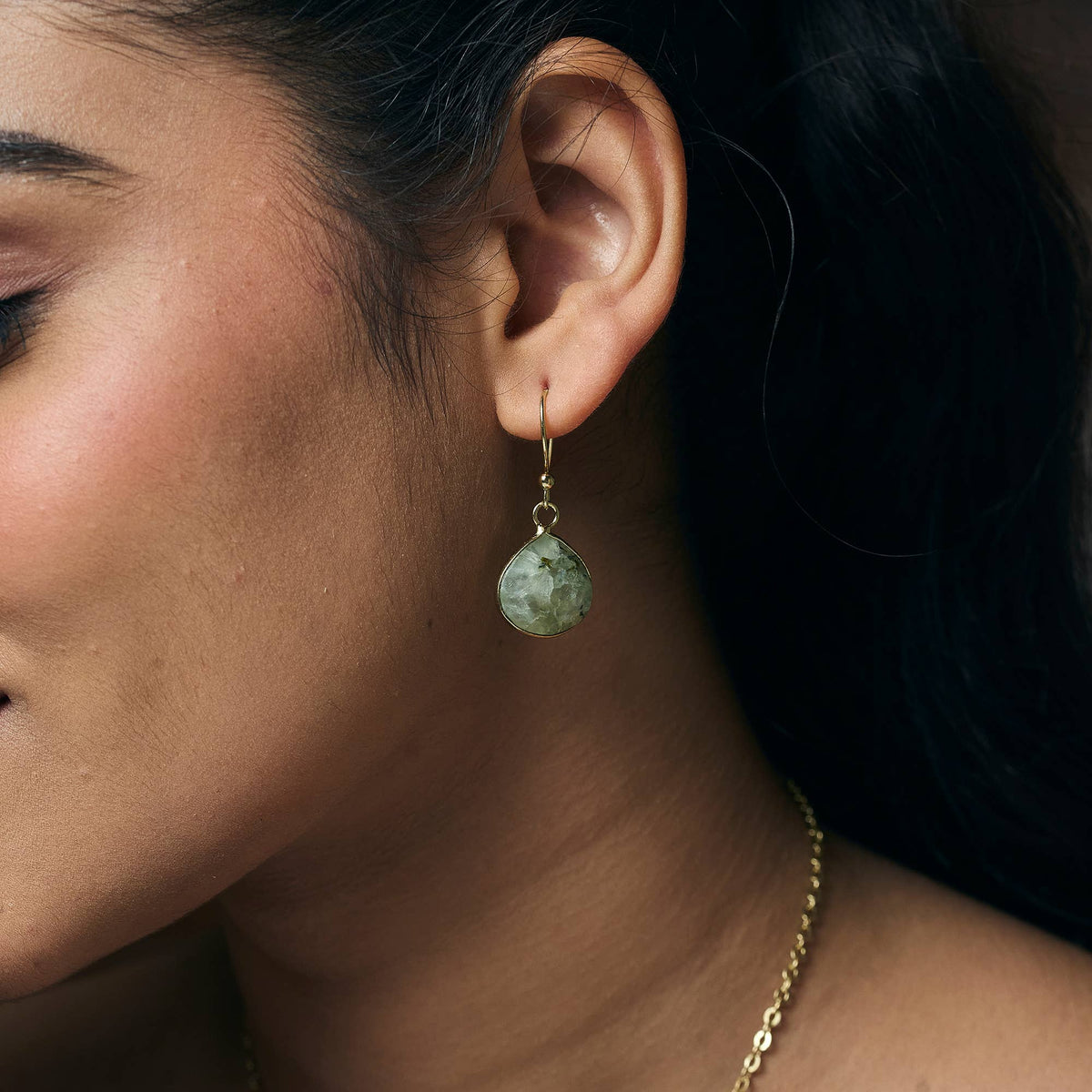 Gold Plated Earrings with Semi-Precious Stone - Prehnite
