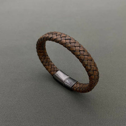 Brown  Leather Men's Stainless Steel Buckle Bracelet