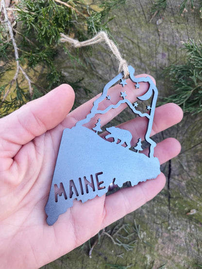 Maine State Mountain Bear Scene Raw Steel Ornament