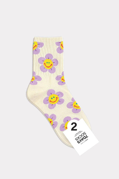Women's Crew Smile Flower Socks: W-L-214-6