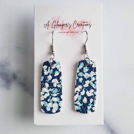 White & Blue Floral Mini Bar Leather Earrings