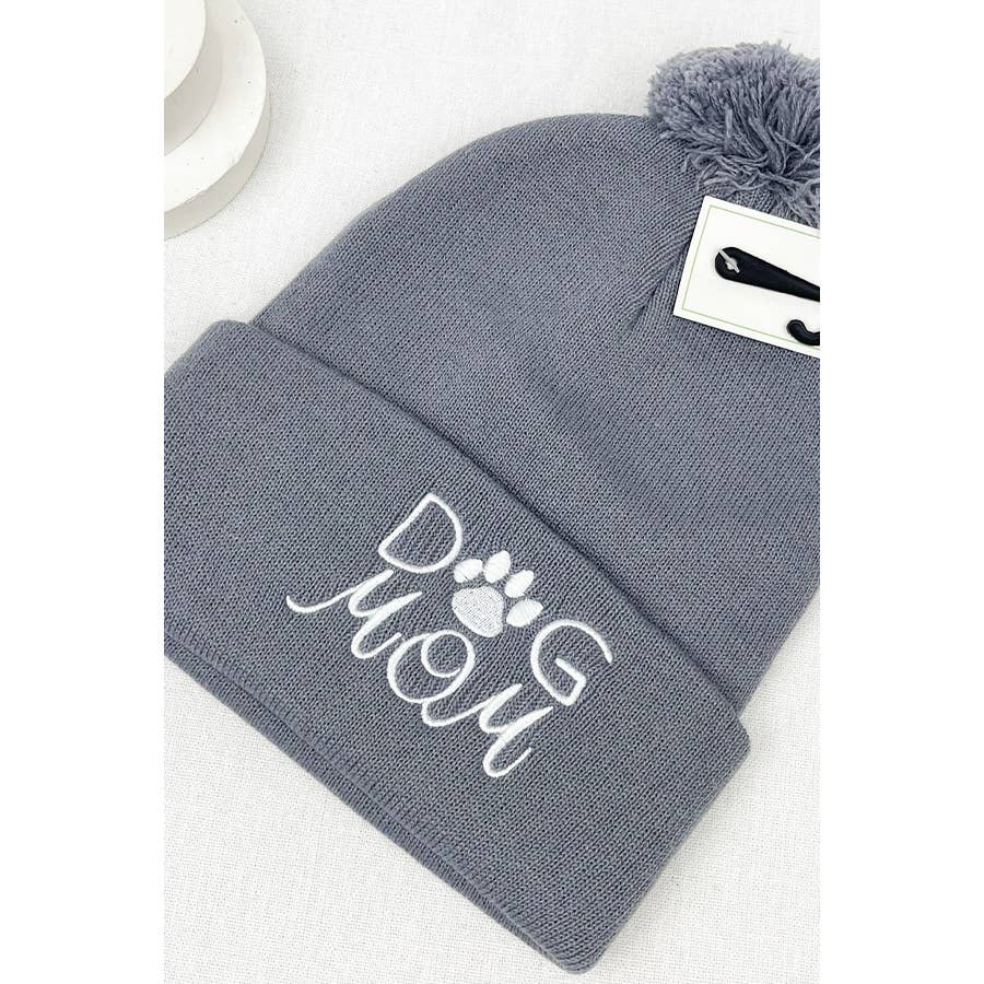 Dog Mom Embroidered Beanie With Pompom