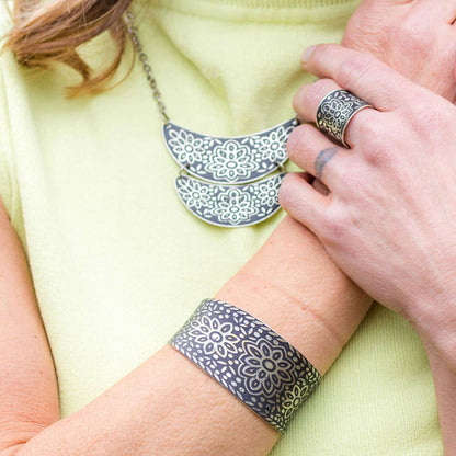 Silver Patina Bracelet - Black Floral Pattern