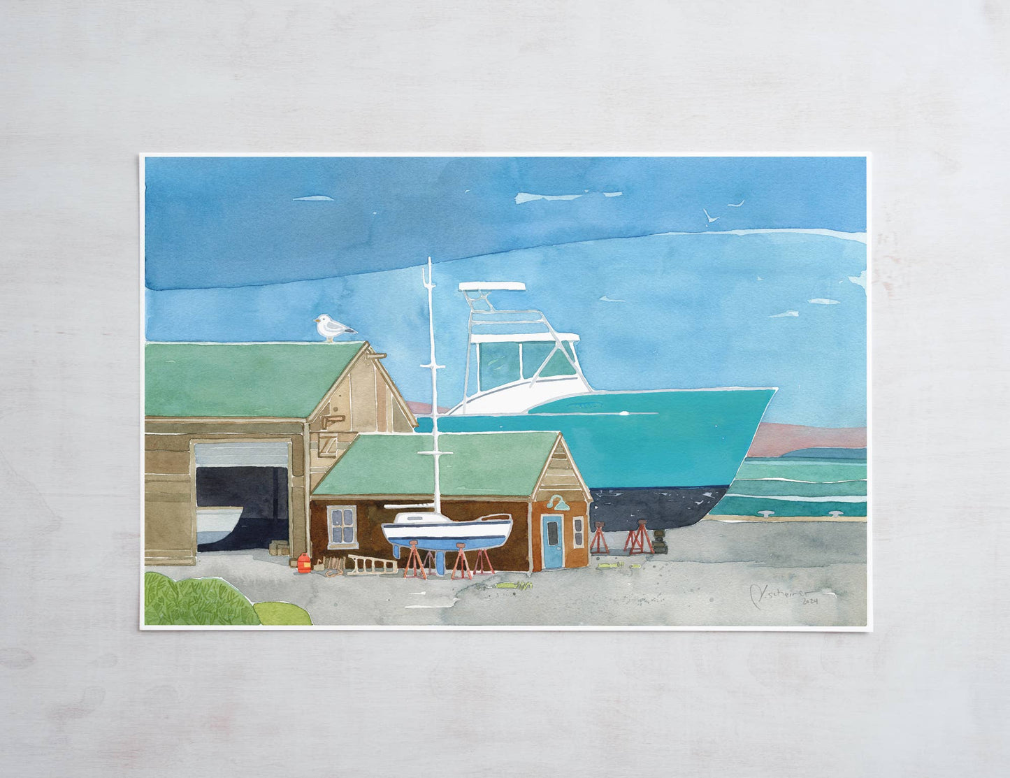 Boatyard Watercolor Print Coastal Sailboat Art