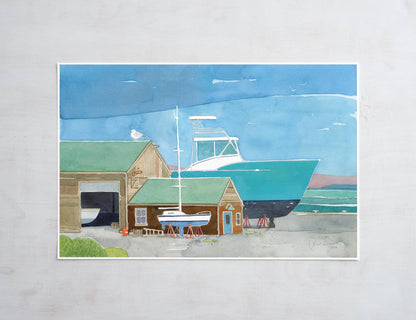 Boatyard Watercolor Print Coastal Sailboat Art