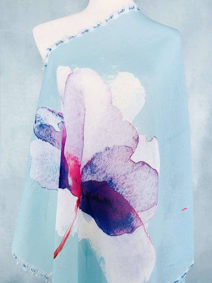 Blue-Multi Abstract Watercolor Floral Scarf/Shawl