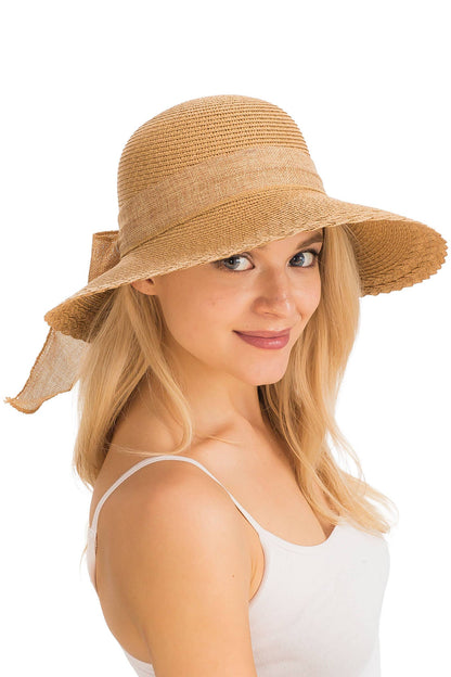 Burlap Ribbon Scallop Derby Sun Hat with Chin Strap