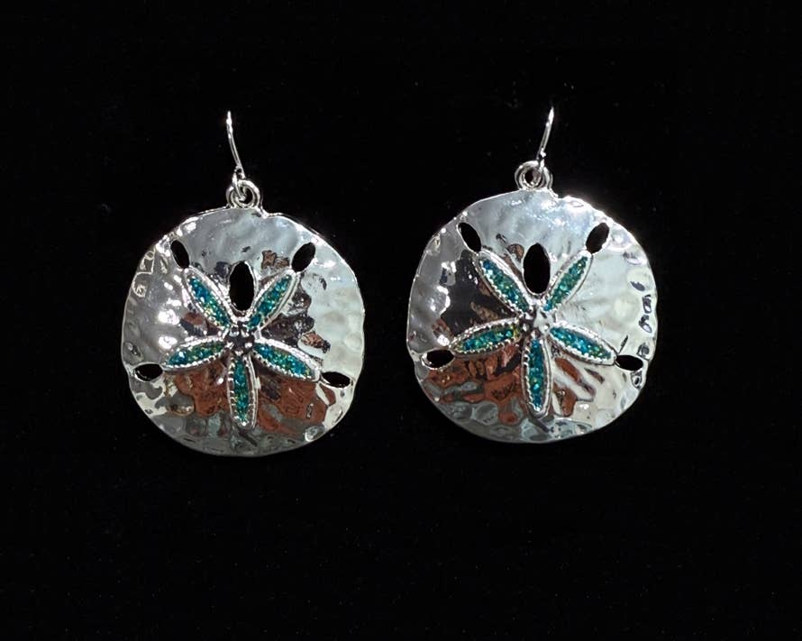Blue Glitter Sand Dollar Metal Dangle Earrings