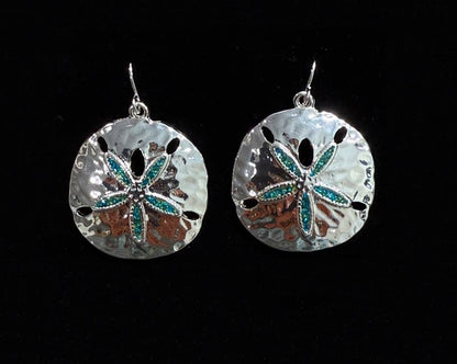 Blue Glitter Sand Dollar Metal Dangle Earrings