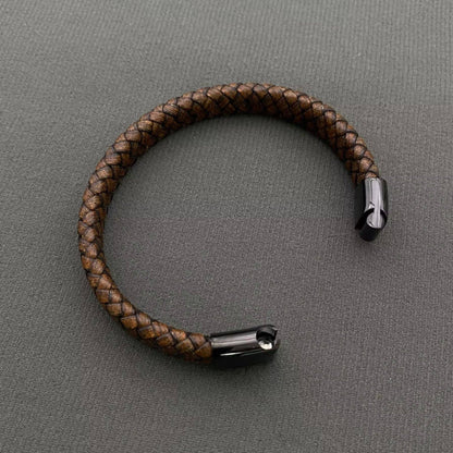 Brown  Leather Men's Stainless Steel Buckle Bracelet