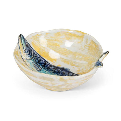 Round Slim Fish Small Bowl-Blue & Yellow-5"D