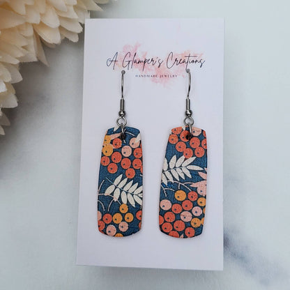 Fall Floral on Blue Mini Bar Leather Earrings