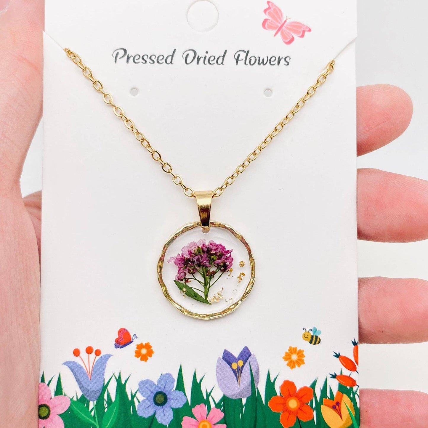 Dried Flowers Floral Irregular Round Pendant Necklace