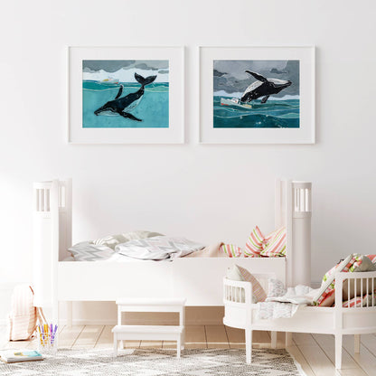 Humpback Whale and Fishing Boat Nautical Watercolor Print
