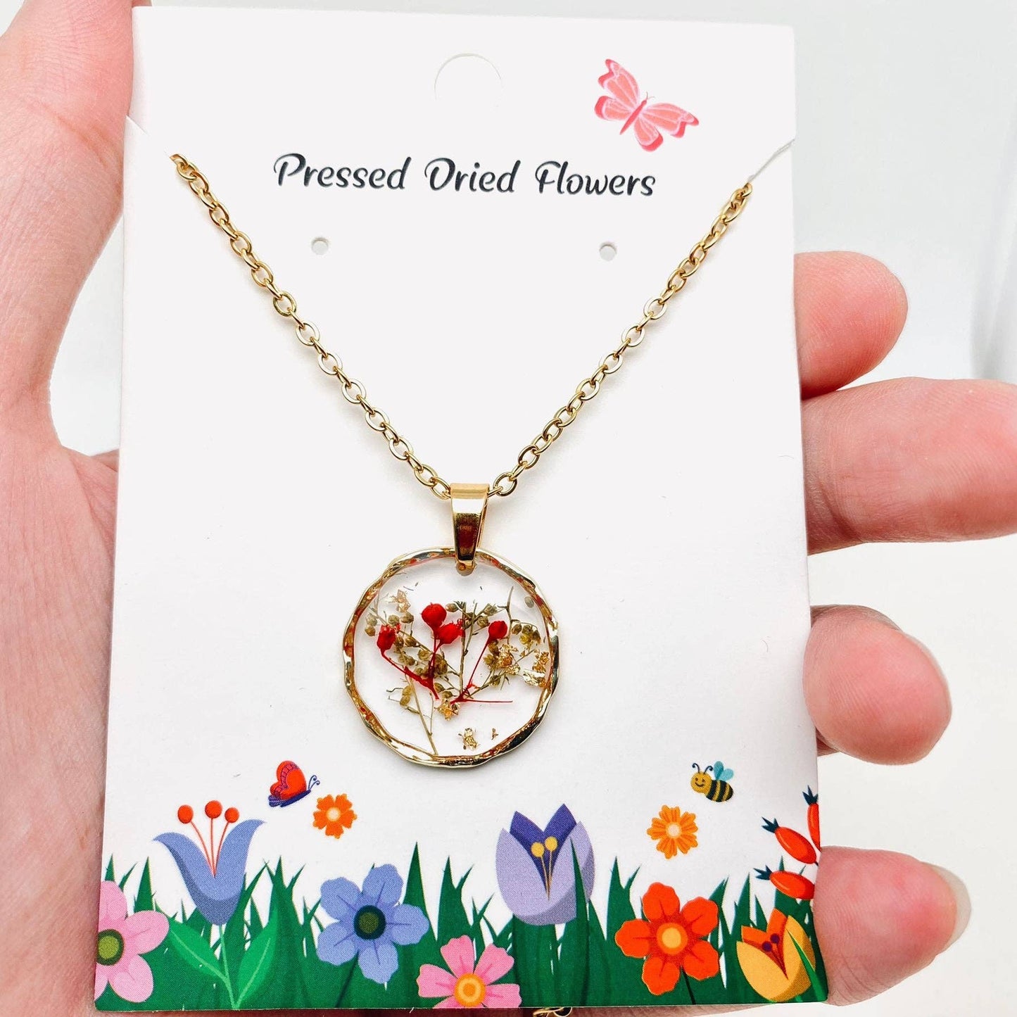 Dried Flowers Floral Irregular Round Pendant Necklace