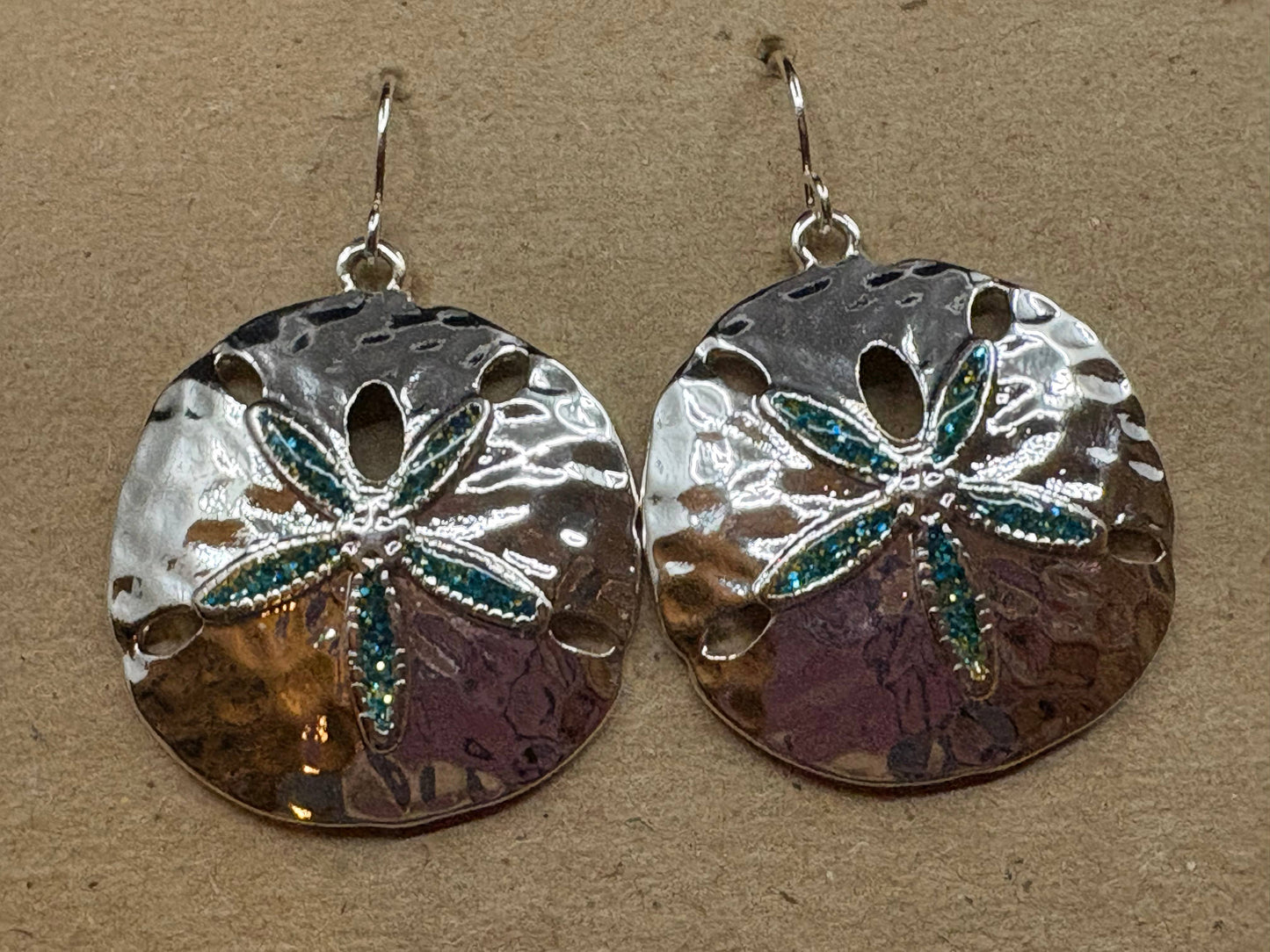Blue Glitter Sand Dollar Metal Dangle Earrings