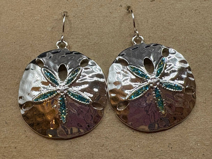 Blue Glitter Sand Dollar Metal Dangle Earrings