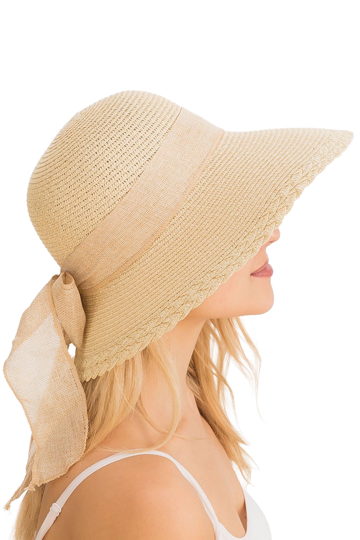 Burlap Ribbon Scallop Derby Sun Hat with Chin Strap
