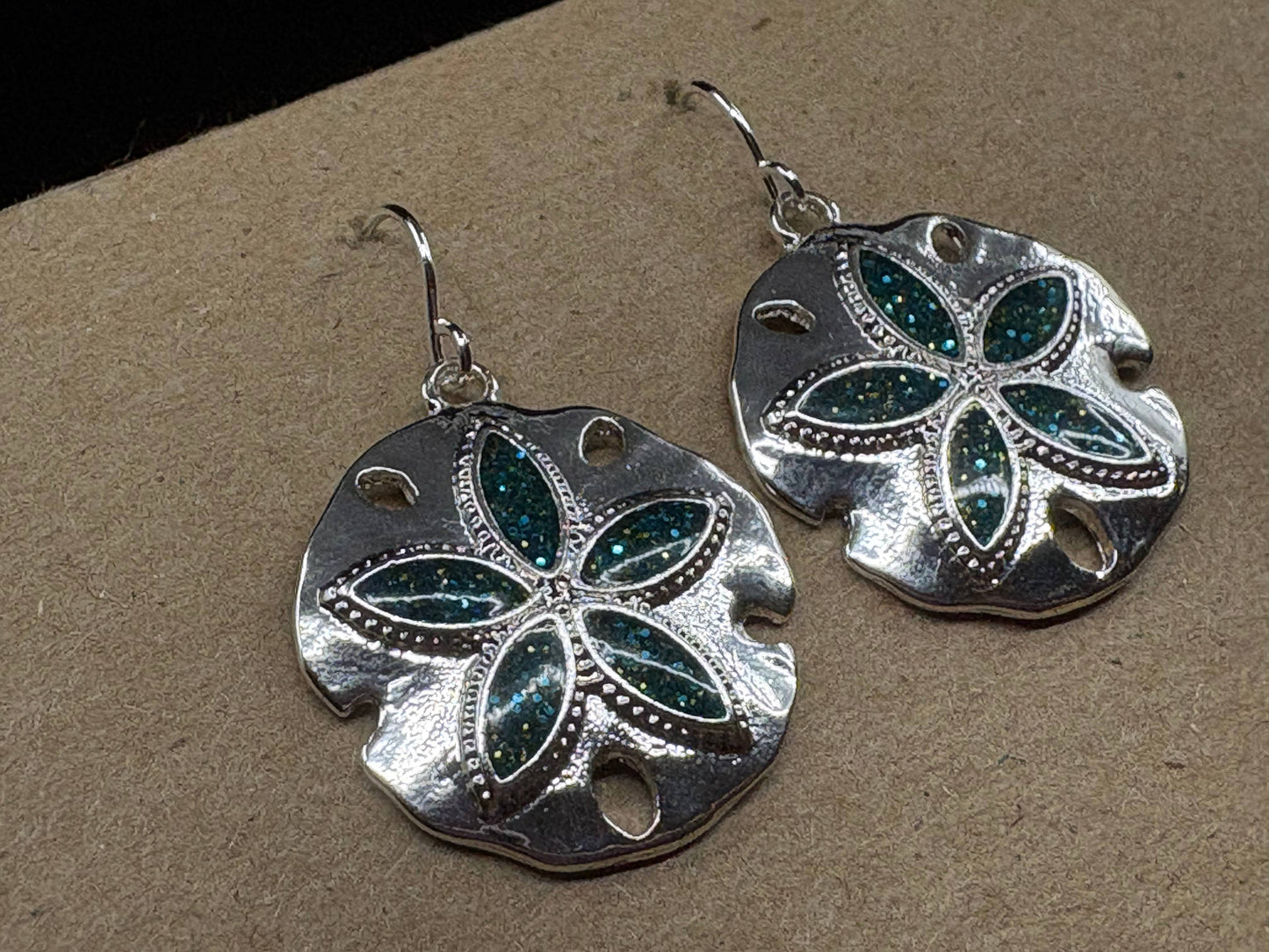 Glitter Blue Sand Dollar Metal Dangle Earrings