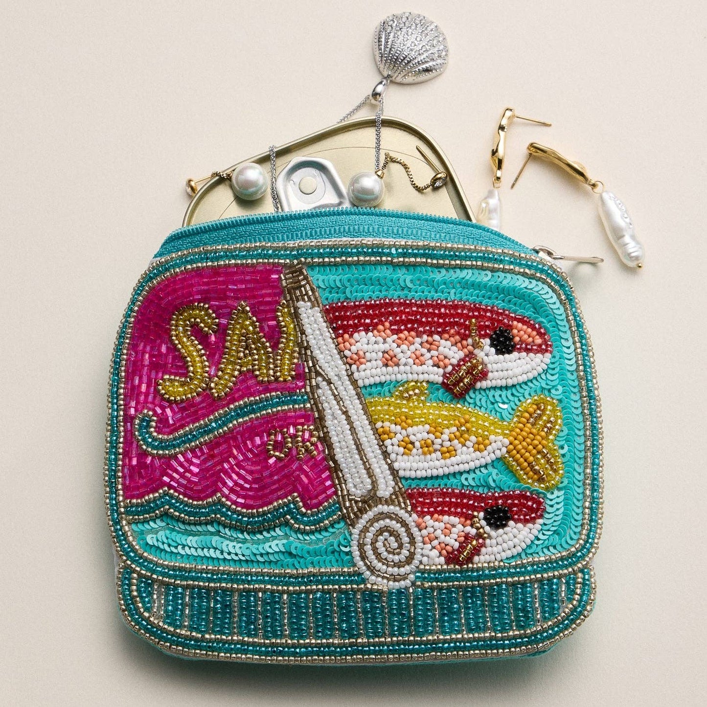 Beaded Sardine Can Clutch | Hand-Embroidered Sequin Zip Pouch