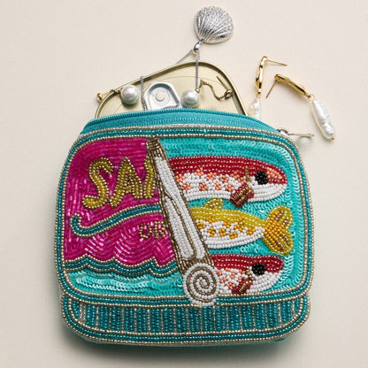 Beaded Sardine Can Clutch | Hand-Embroidered Sequin Zip Pouch