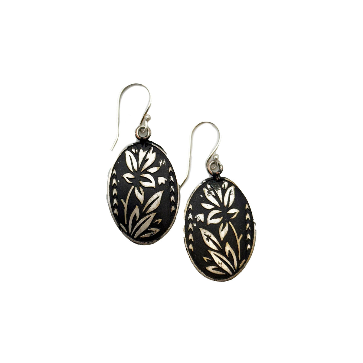 Handcrafted Silver Patina Black Floral Earrings