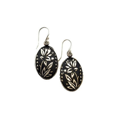 Handcrafted Silver Patina Black Floral Earrings
