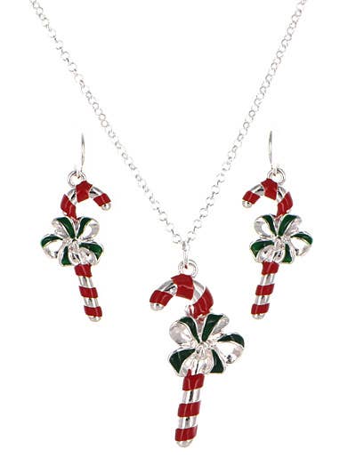 Christmas Striped Candy Cane with Ribbon Necklace Set