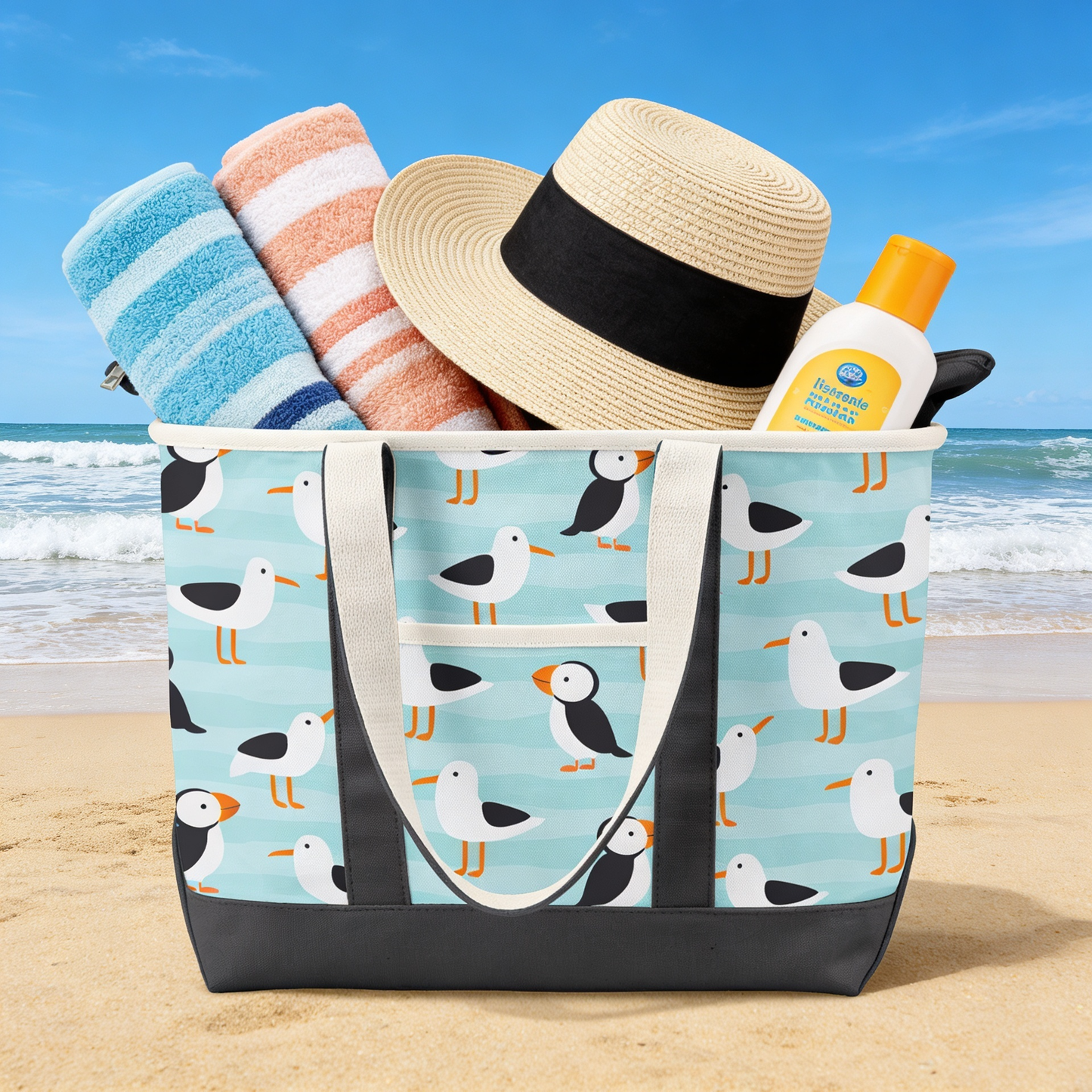 Coastal Puffin & Seagull Canvas Tote Bag – Ocean Bird Travel Carryall
