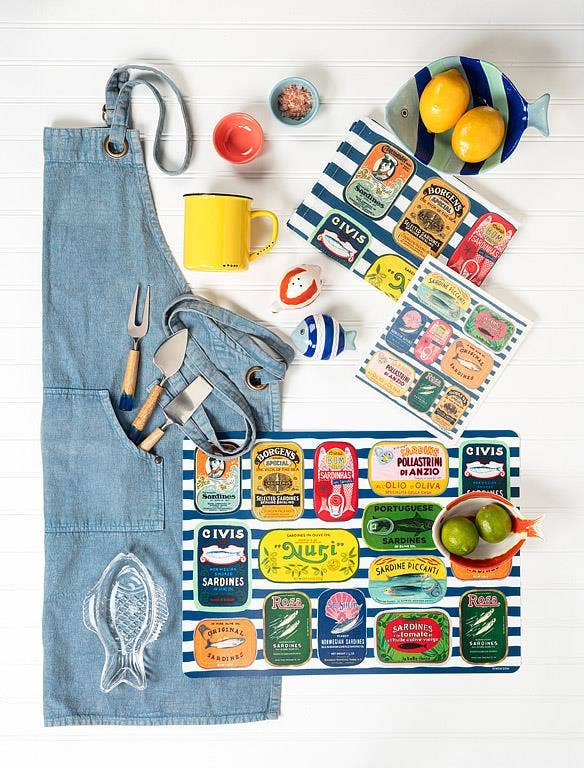Sardine Tins on Stripes Dishcloth-6.75x7.5"L
