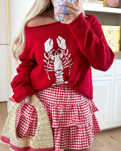 Rolled Trim Lobster Graphic Knit Top In Red