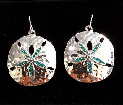 Blue Glitter Sand Dollar Metal Dangle Earrings