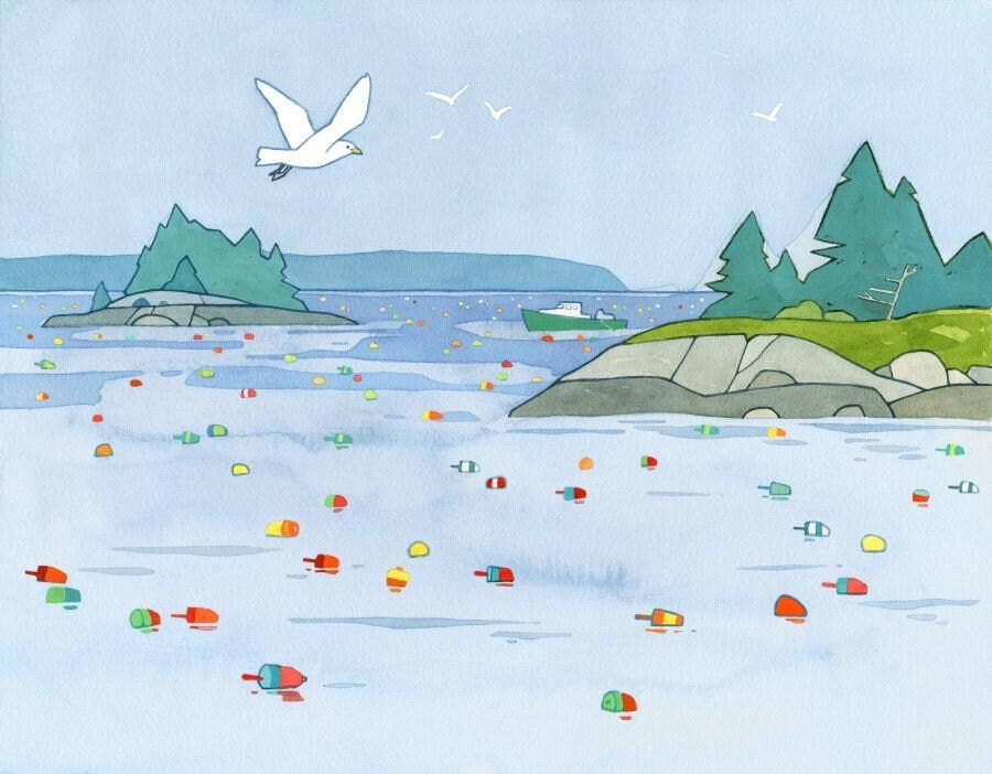 Maine Seascape Art Print, Lobster Buoys Coastal Print