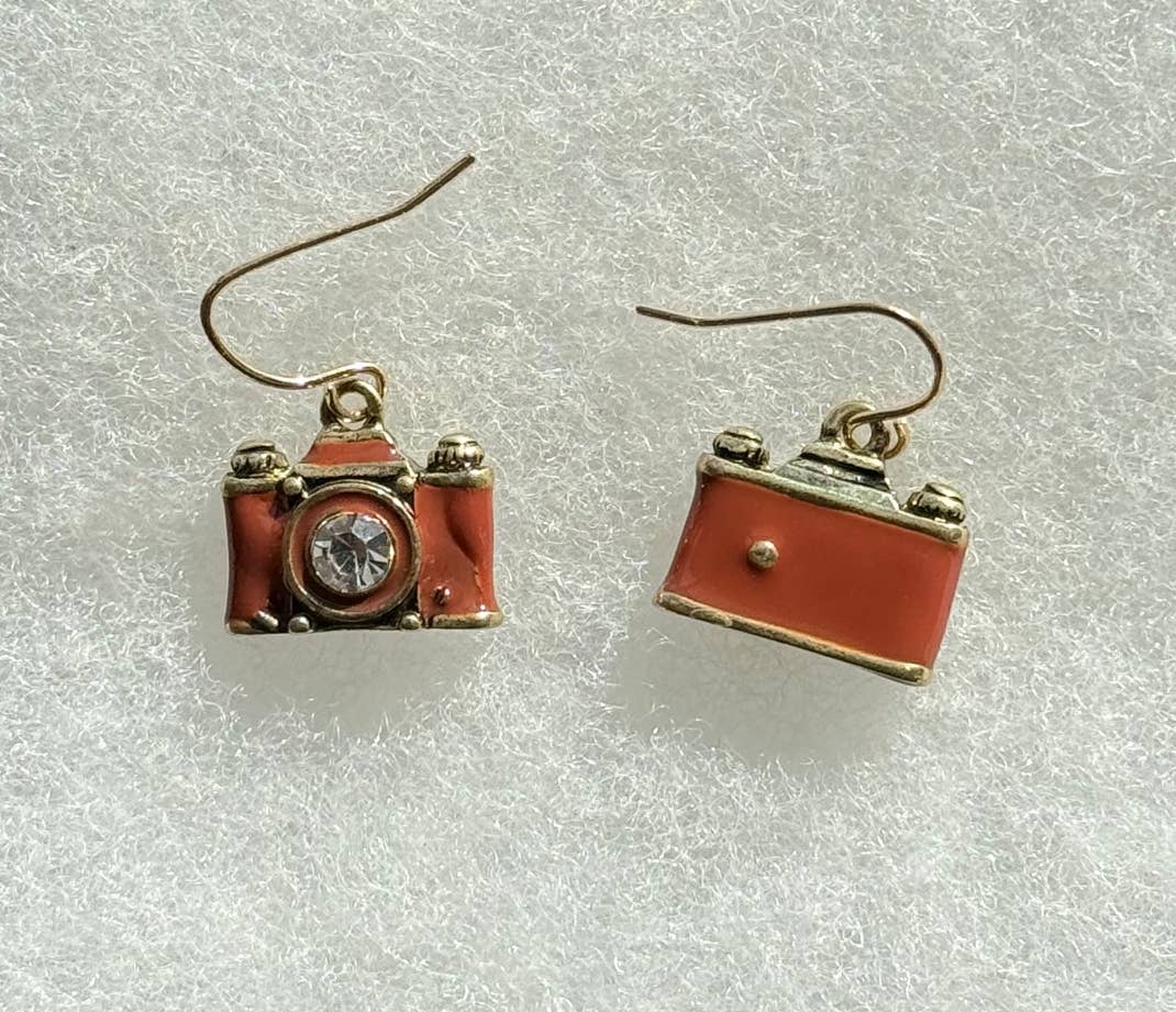 Crystal Lens Brown film camera vintage retro Earrings