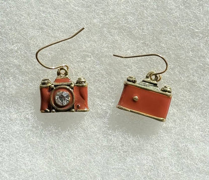 Crystal Lens Brown film camera vintage retro Earrings