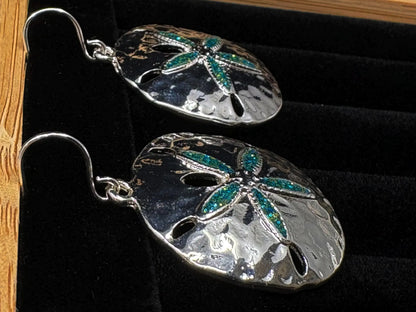 Blue Glitter Sand Dollar Metal Dangle Earrings
