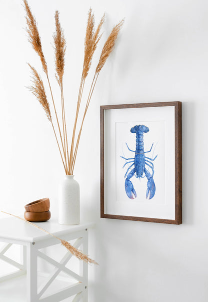Blue Lobster Watercolor Print, Nautical New England Wall Art
