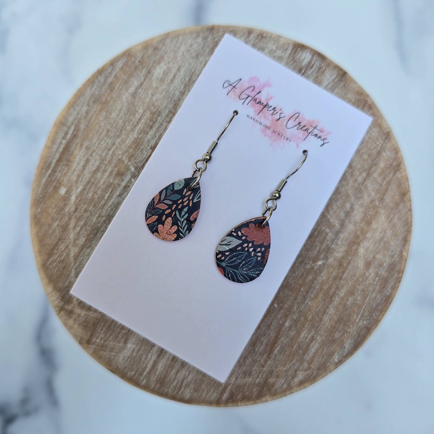 Fall Floral & Acorns MINI Teardrop Leather Earrings