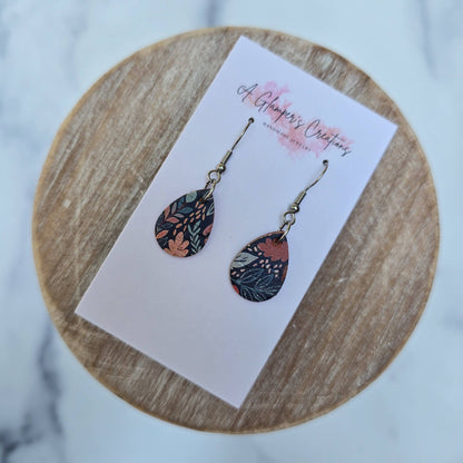 Fall Floral & Acorns MINI Teardrop Leather Earrings