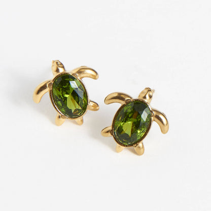 Waterproof Earrings Turtle Studs Green Cubic Zirconia