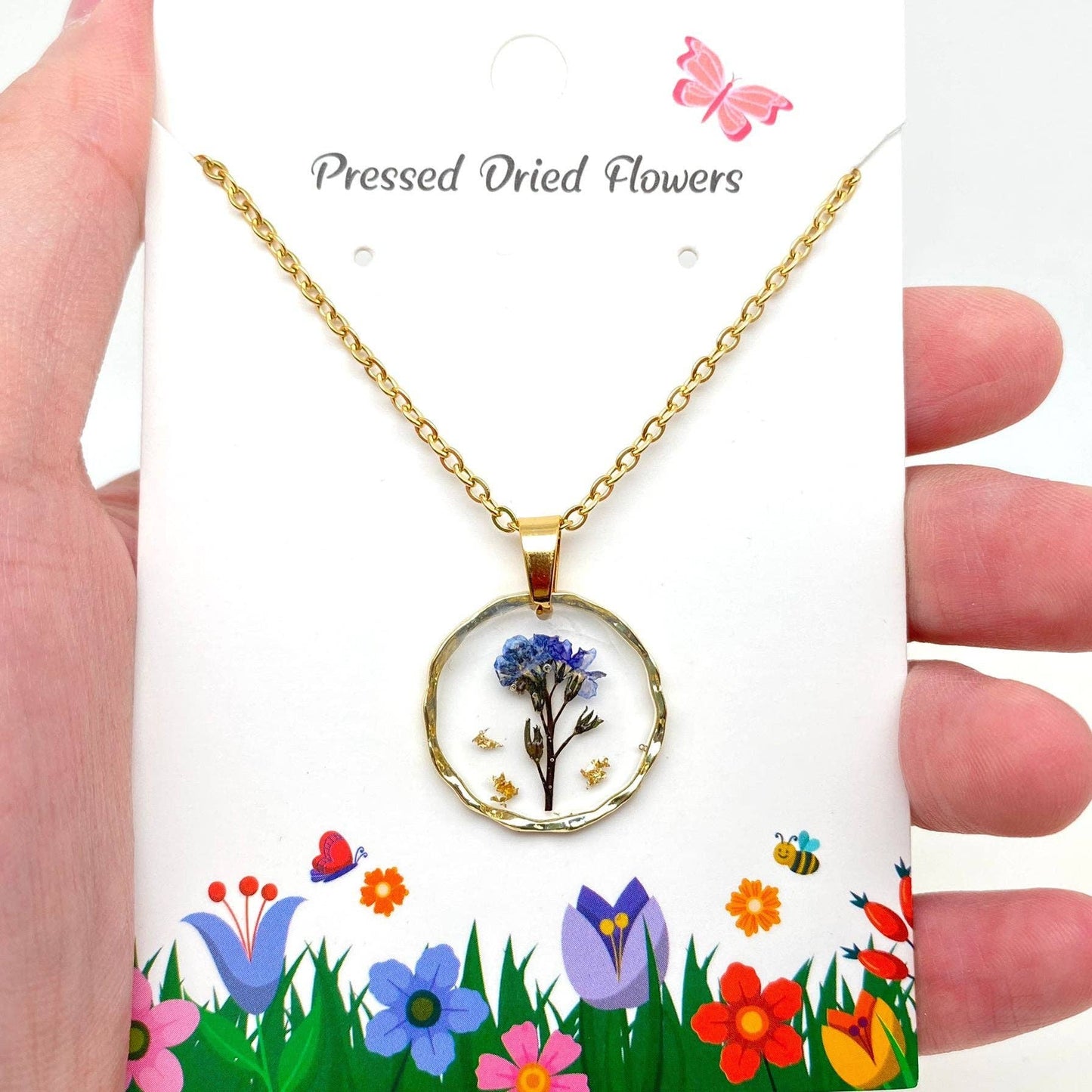Dried Flowers Floral Irregular Round Pendant Necklace