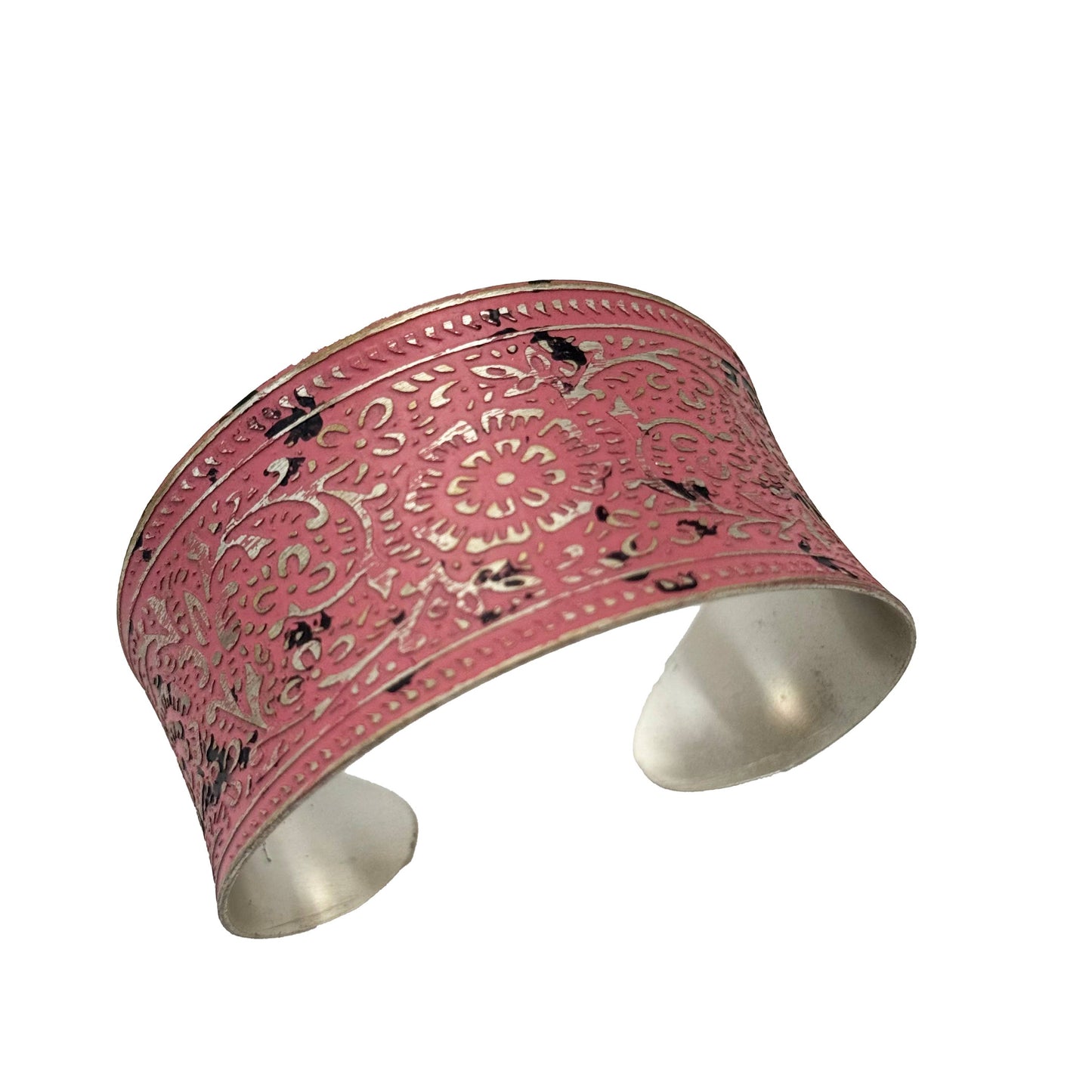 Handcrafted Silver Patina Pink Floral Cuff
