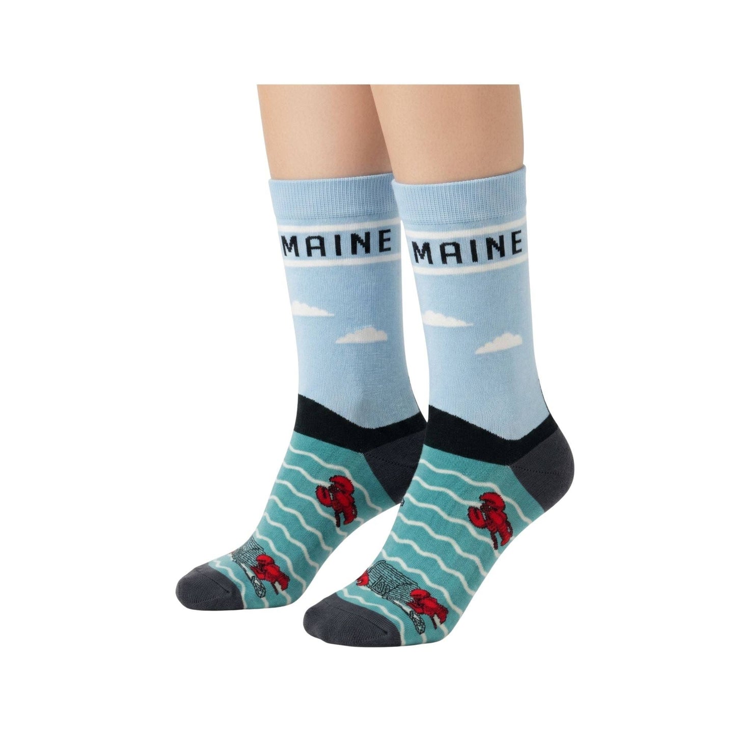 Maine Lighthouse & Lobster Novelty Crew Socks - Coastal Nautical Scenic Travel Souvenir Gift