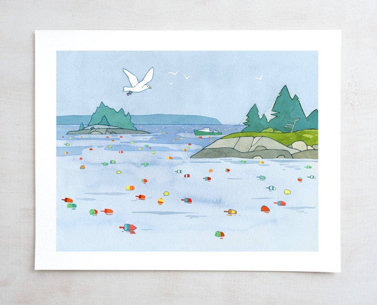 Maine Seascape Art Print, Lobster Buoys Coastal Print