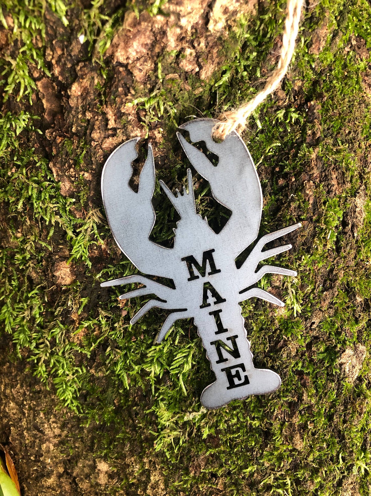 MAINE Lobster Rustic Recycled Raw Steel Christmas Ornament