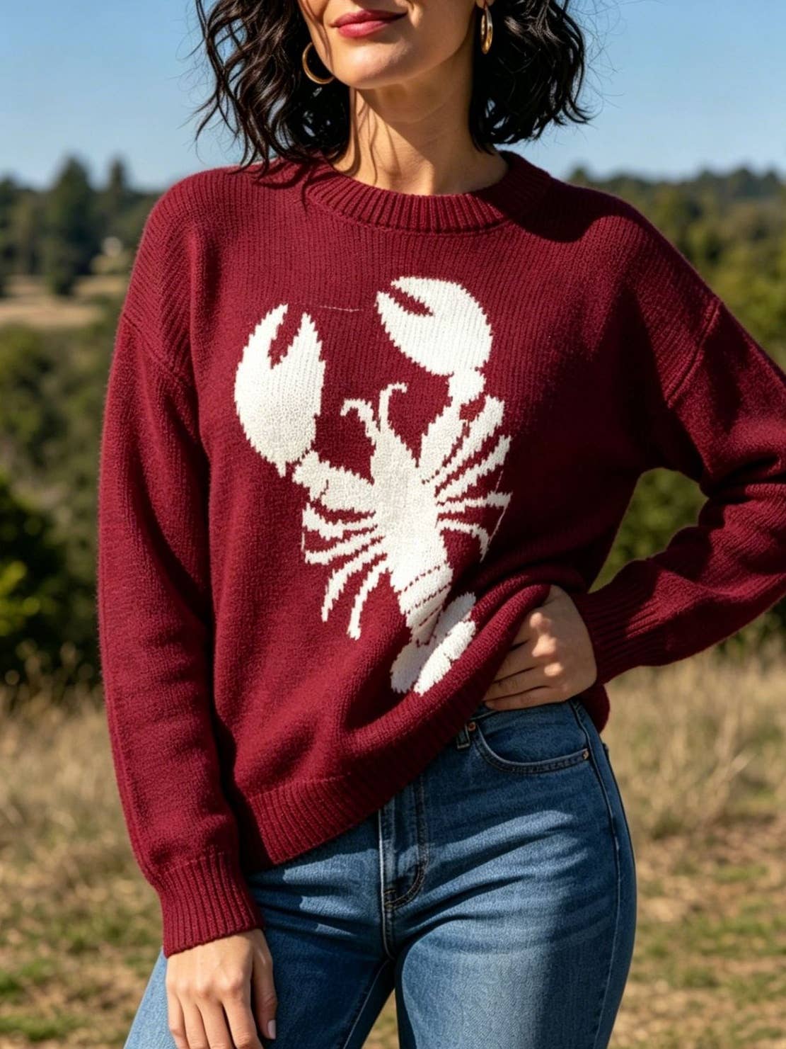 Red Claw lobster jacquard knit sweater fall winter pullover