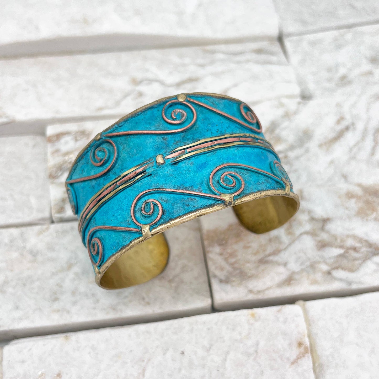 Brass Patina Cuff Bracelet - Turquoise Swirls