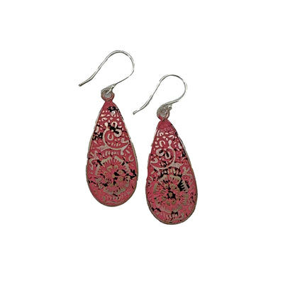 Handcrafted Silver Patina Red Greek Key Earrings